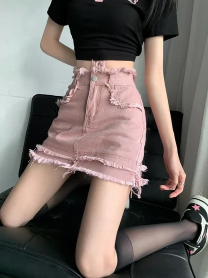 Pink Mini Frayed Denim Skirt