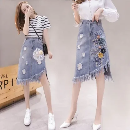 Slanted Frayed Hem Denim Skirts - Image 6