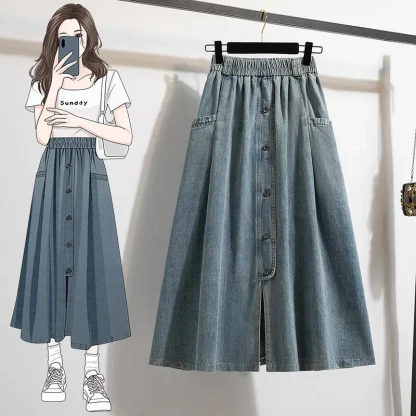 A-line Elastic Waist Denim Skirt - Image 7