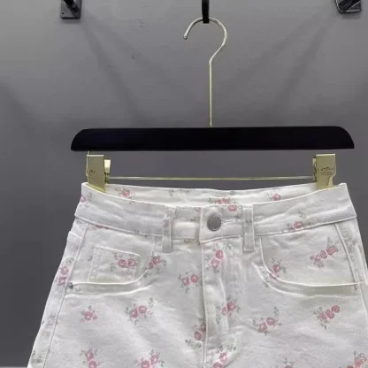White Floral Mini Denim Skirt - Image 2
