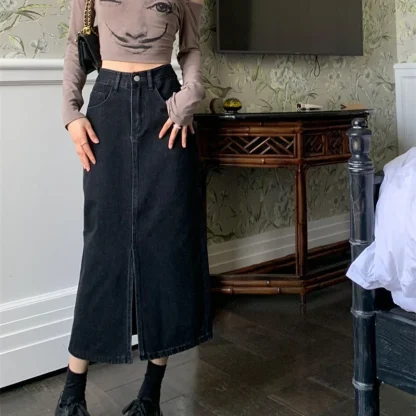 Front Slit Black Denim Skirt