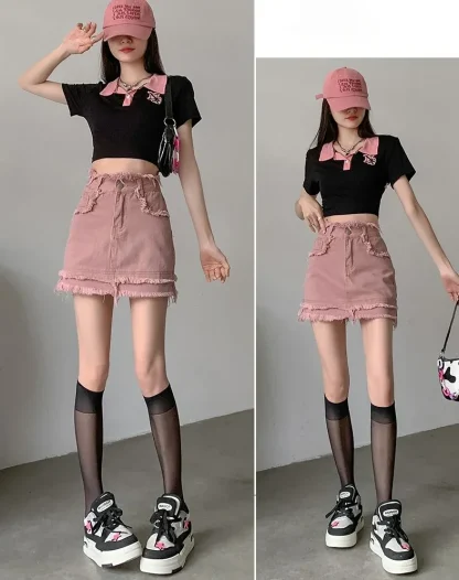 Pink Mini Frayed Denim Skirt - Image 4