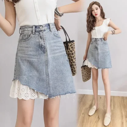High-waist Eyelet Trim Denim Skirt - Image 5