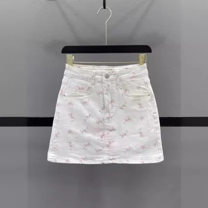 White Floral Mini Denim Skirt