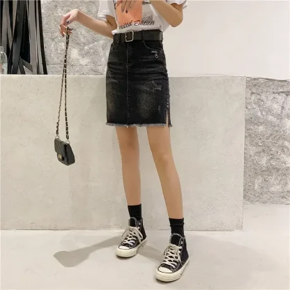 Black Faded Ripped Denim Skirt - Image 3