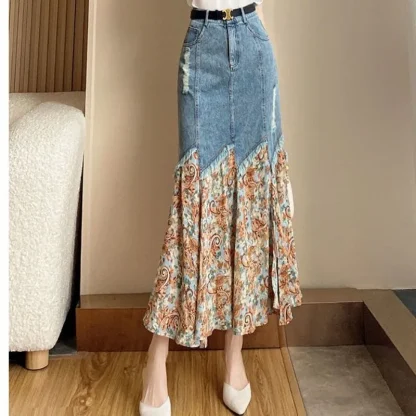 Floral Patchwork Denim Skirt