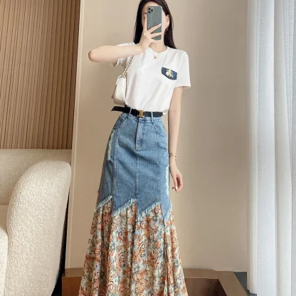 Floral Patchwork Denim Skirt - Image 2