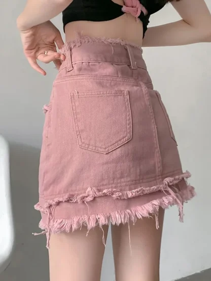 Pink Mini Frayed Denim Skirt - Image 5