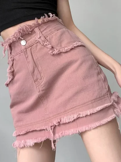 Pink Mini Frayed Denim Skirt - Image 6