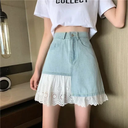 Lace Trim A-line Denim Skirt - Image 2