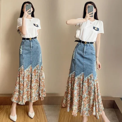 Floral Patchwork Denim Skirt - Image 6