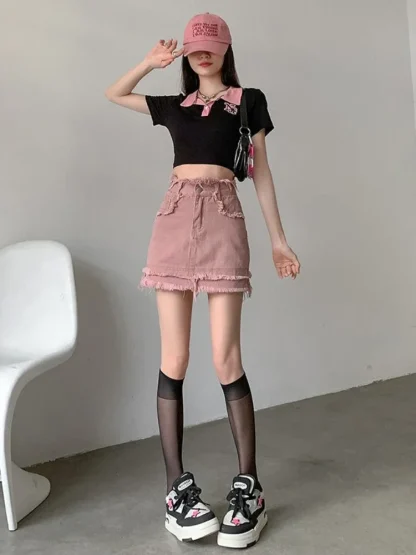 Pink Mini Frayed Denim Skirt - Image 3