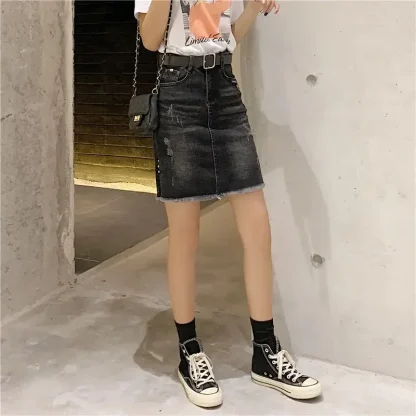 Black Faded Ripped Denim Skirt - Image 2