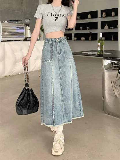 Retro A-line Faded Denim Skirt - Image 2