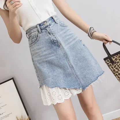 High-waist Eyelet Trim Denim Skirt - Image 2