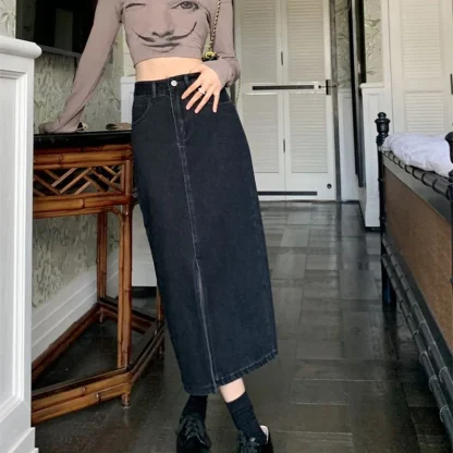 Front Slit Black Denim Skirt - Image 6
