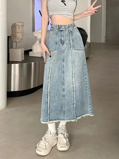 Retro A-line Faded Denim Skirt - Image 6