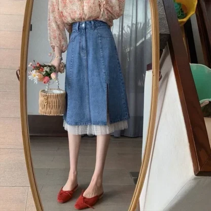Lace Pleated Hem Denim Skirt - Image 3