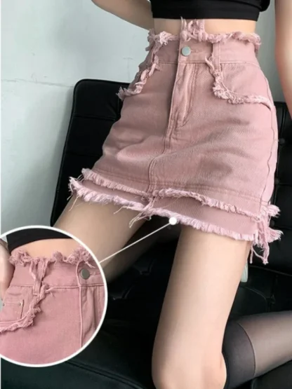 Pink Mini Frayed Denim Skirt - Image 7