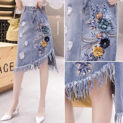 Slanted Frayed Hem Denim Skirts - Image 7