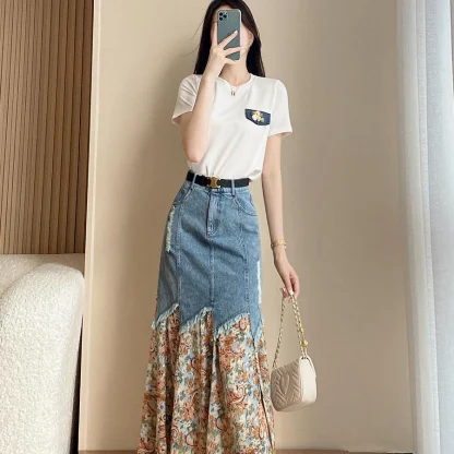 Floral Patchwork Denim Skirt - Image 5