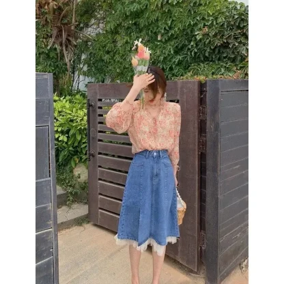 Lace Pleated Hem Denim Skirt - Image 4