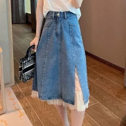 Lace Pleated Hem Denim Skirt