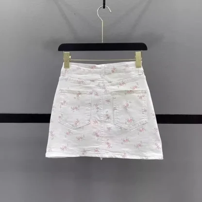 White Floral Mini Denim Skirt - Image 3