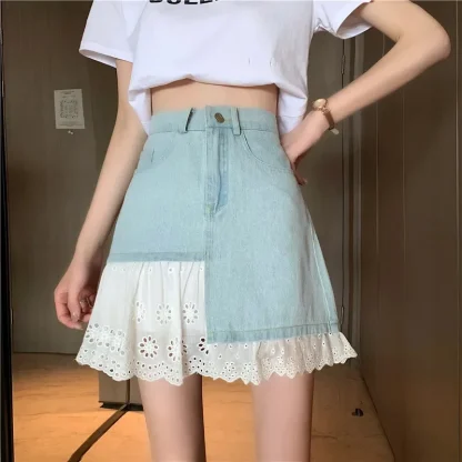Lace Trim A-line Denim Skirt - Image 4