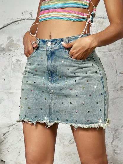 Rhinestone-like Decor Denim Skirt - Image 5