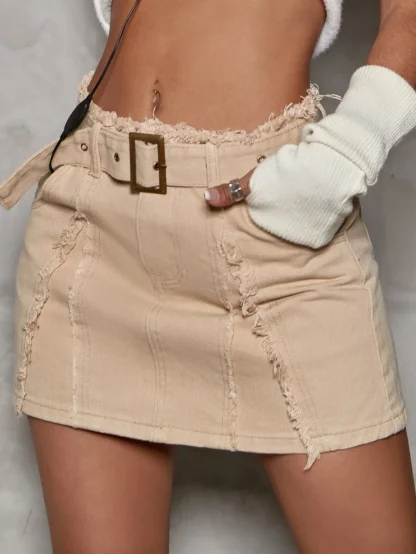 Ripped Belted Solid Denim Skirt - Image 4
