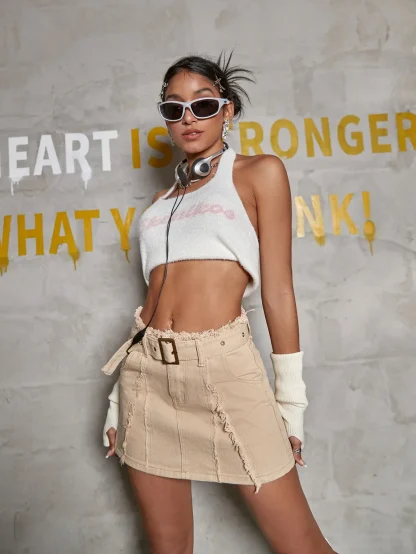 Ripped Belted Solid Denim Skirt - Image 6
