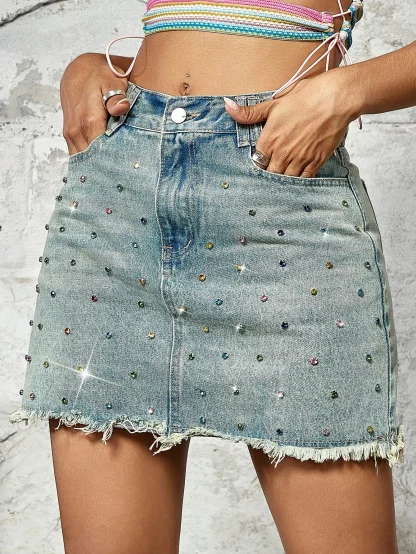 Rhinestone-like Decor Denim Skirt