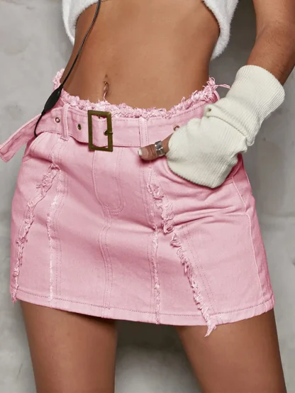 Ripped Belted Solid Denim Skirt