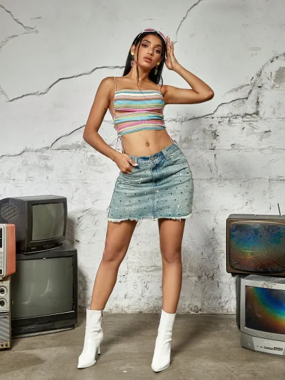 Rhinestone-like Decor Denim Skirt - Image 3