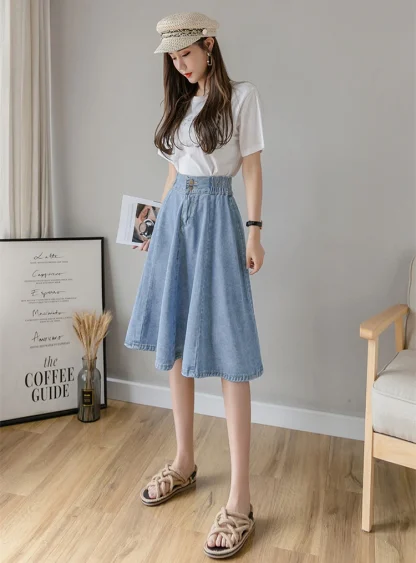 Elastic Waist Midi Denim Skirt - Image 6