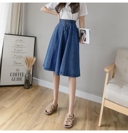 Elastic Waist Midi Denim Skirt