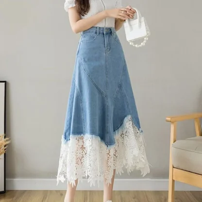 Floral Lace Trim Denim Skirt - Image 2