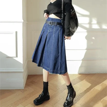 Pleated Midi Denim Skirt - Image 2