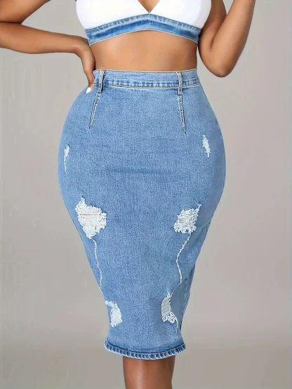 Ripped Pencil Midi Denim Skirt