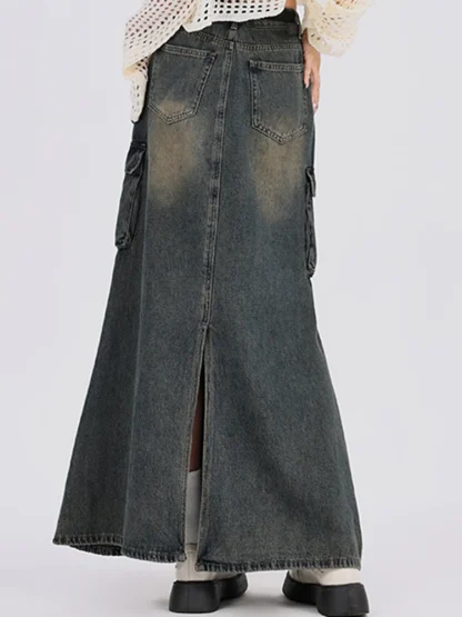 Retro Dark Faded Denim Skirt - Image 5