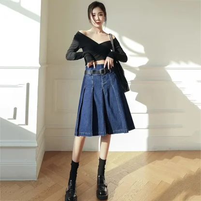 Pleated Midi Denim Skirt - Image 3