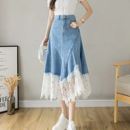 Floral Lace Trim Denim Skirt