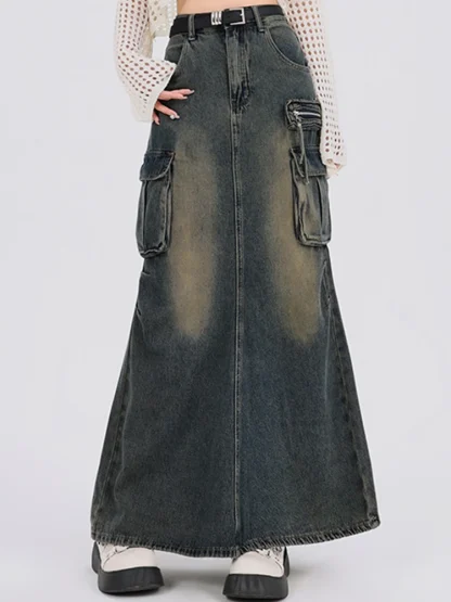 Retro Dark Faded Denim Skirt
