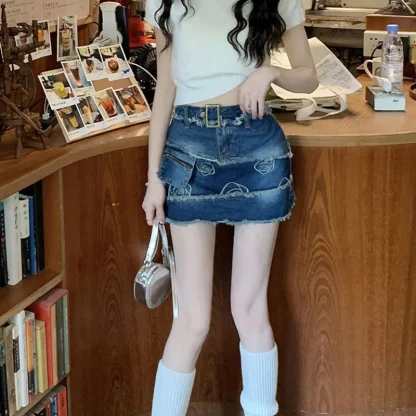 Distressed Mini Denim Skirt - Image 4