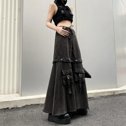 Black Cargo Baggy Denim Skirt - Image 3