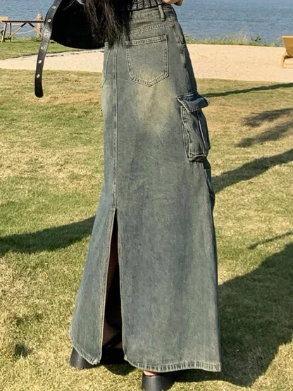 Retro Dark Faded Denim Skirt - Image 4