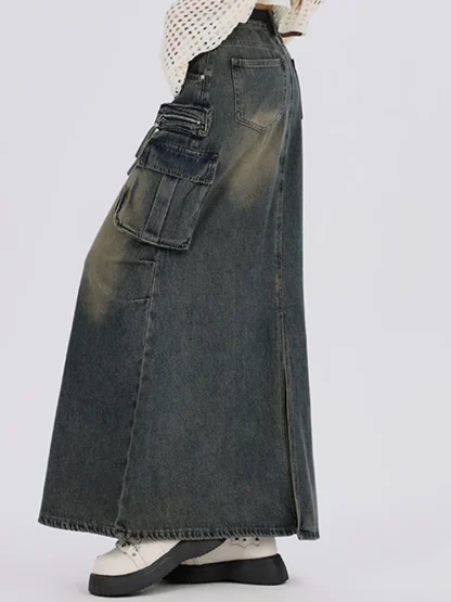 Retro Dark Faded Denim Skirt - Image 6