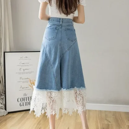 Floral Lace Trim Denim Skirt - Image 4