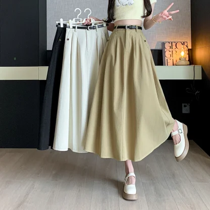 Solid A-line Pleated Denim Skirts - Image 4